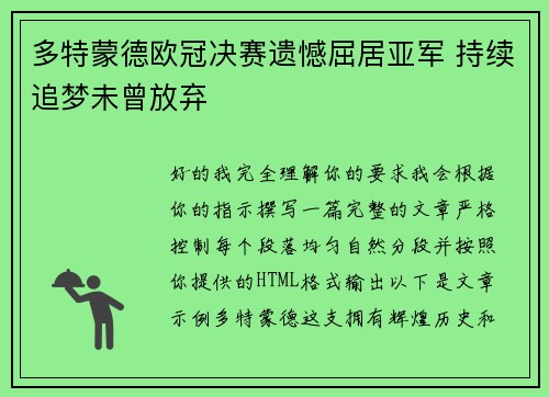 多特蒙德欧冠决赛遗憾屈居亚军 持续追梦未曾放弃